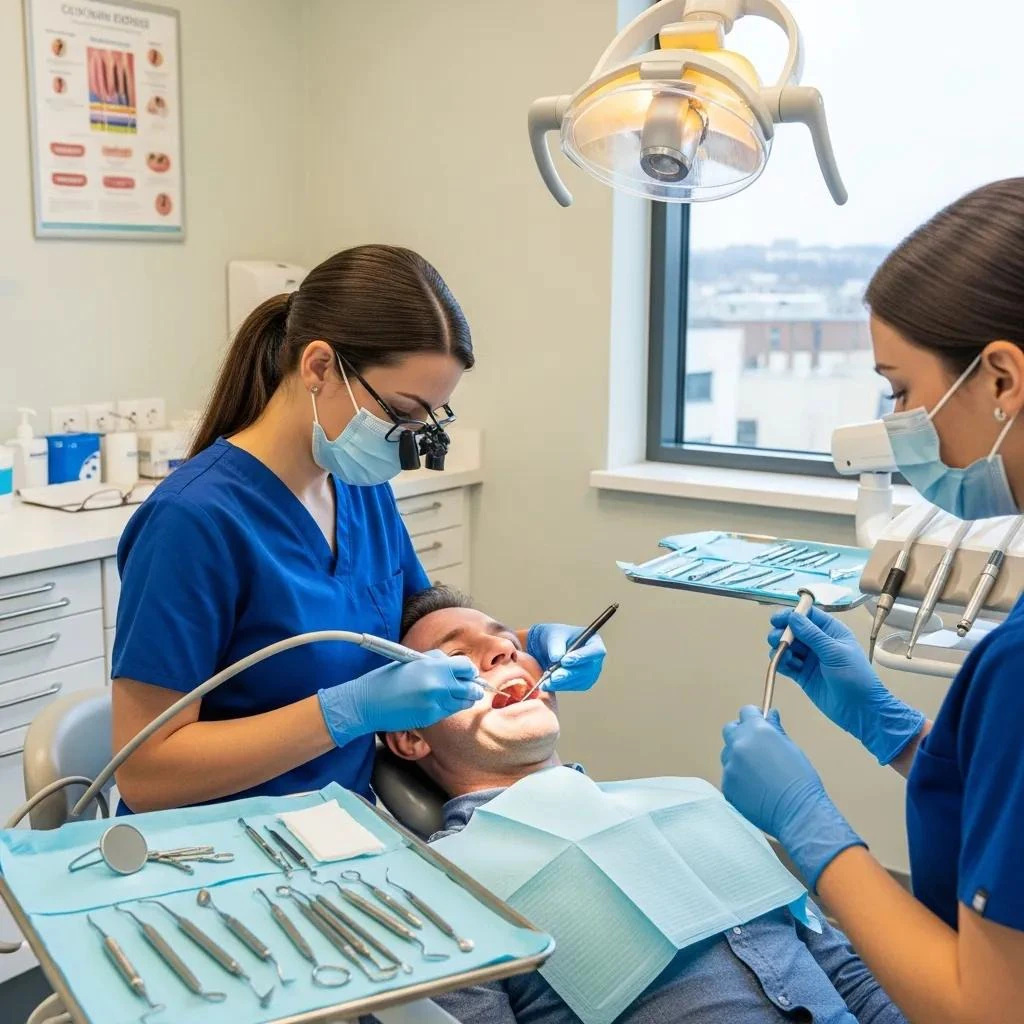 Dental professional performing scaling and root planing to treat gum disease